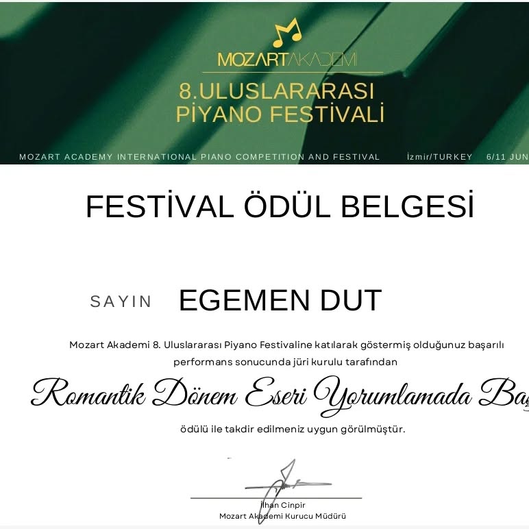 Egemen DUT’tan ”Romantik Dönem Eser Yorumlama” Ödülü!